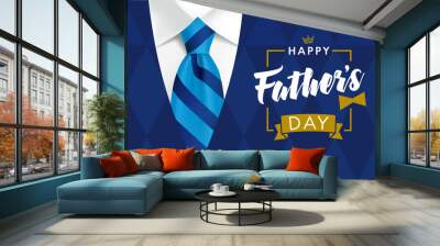 Happy father`s day calligraphy greeting card. Happy Fathers Day vector lettering background with blue tie and golden bow. Dad my king illustration Wall mural